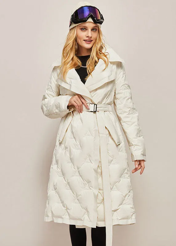 Beautiful White Peter Pan Collar Solid Color Sashes Warm Duck Down Puffer Jacket Winter