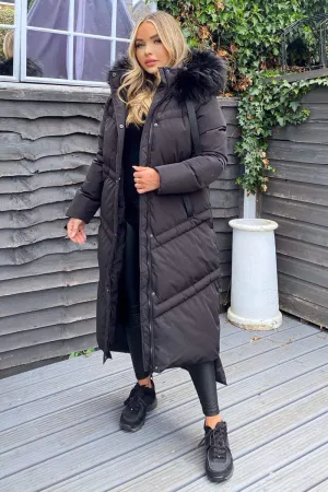 Black Faux Fur Trim Hooded Puffer Coat