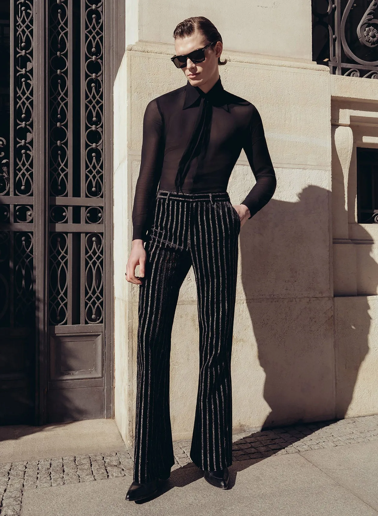 Black Silver Stripe Velvet Flare Trousers