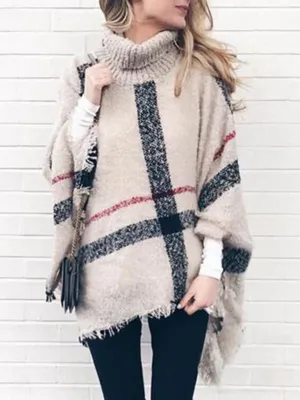 Blue Zone Planet |  Mid-length high collar tassel cape loose knitted sweater