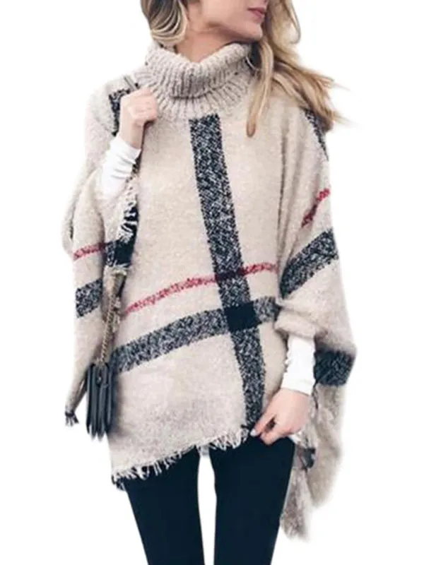 Blue Zone Planet |  Mid-length high collar tassel cape loose knitted sweater