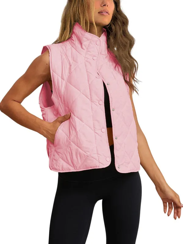 Button-Up Quilted Vest Waistcoat with Stand Collar