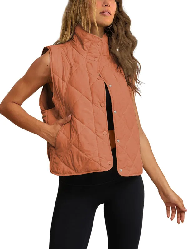 Button-Up Quilted Vest Waistcoat with Stand Collar