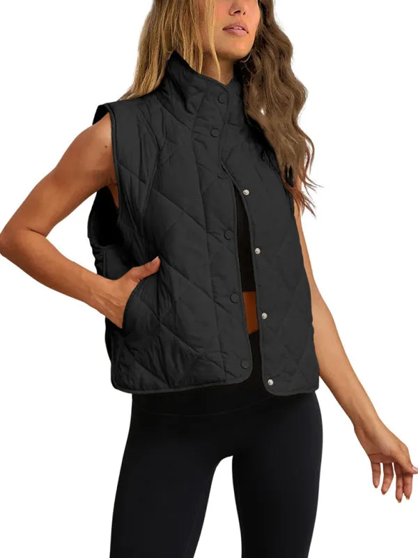 Button-Up Quilted Vest Waistcoat with Stand Collar