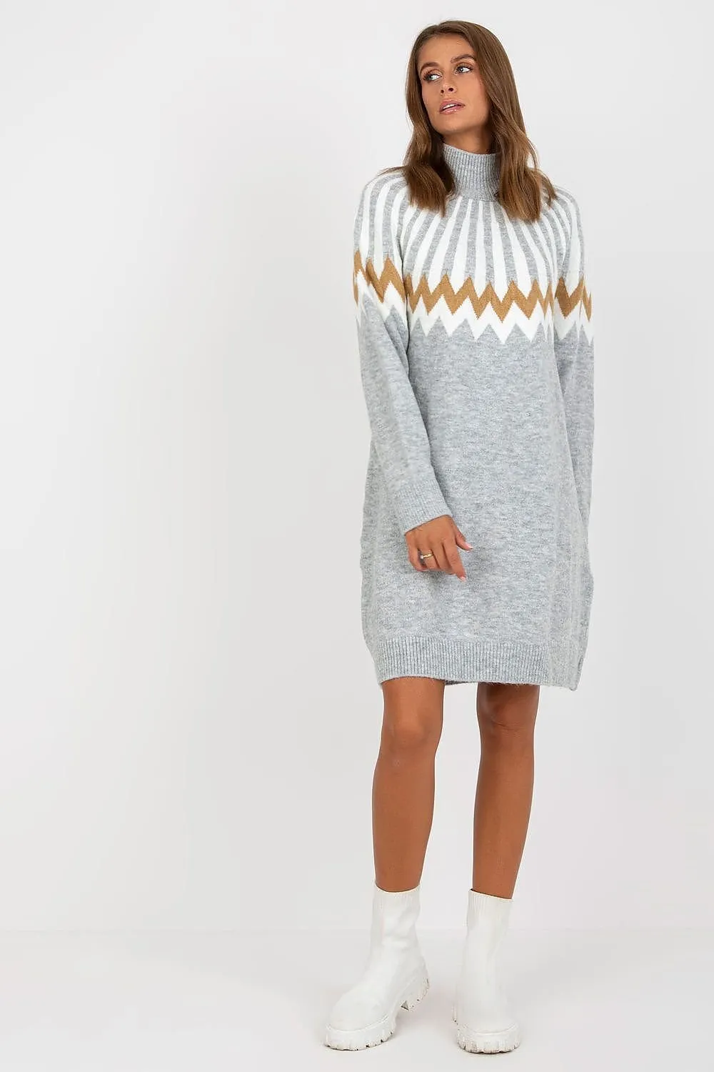 Chic Parisian Geometric Knit Turtleneck Dress