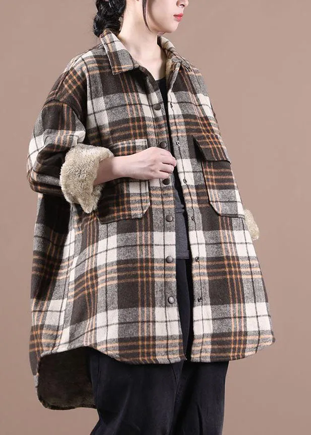 Chocolate Plaid Fleece Wool Lined outwear Peter Pan Collar Winter