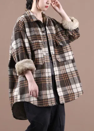 Chocolate Plaid Fleece Wool Lined outwear Peter Pan Collar Winter