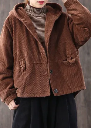 Chocolate Thick Fine Cotton Filled Corduroy Hooded Coat Winter