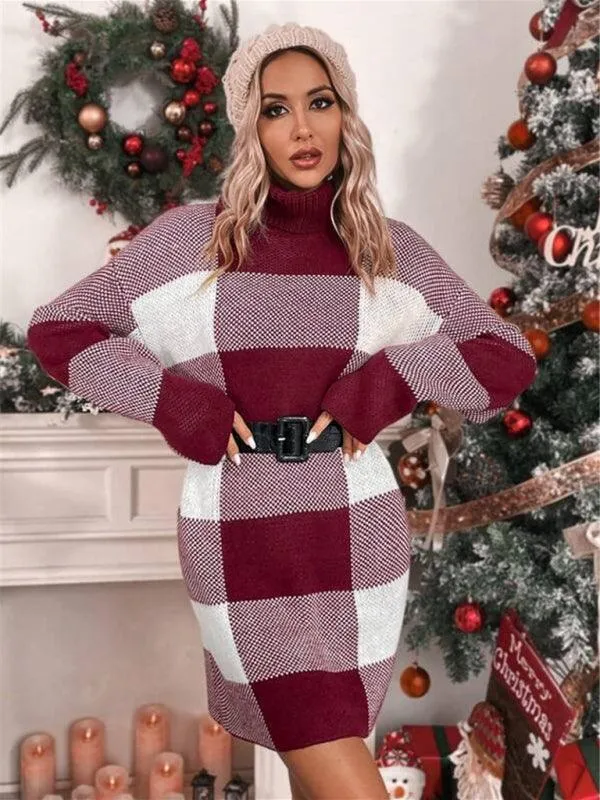 Cozy Holiday Plaid Turtleneck Dress