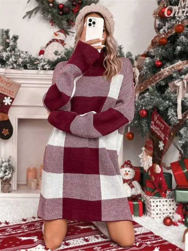 Cozy Holiday Plaid Turtleneck Dress