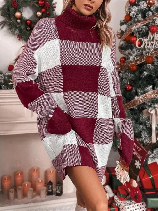 Cozy Holiday Plaid Turtleneck Dress