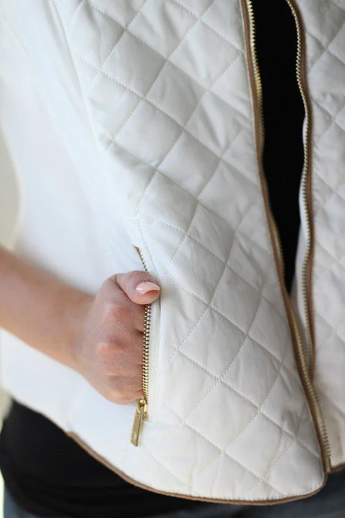 Cream Quilted Vest With Pockets