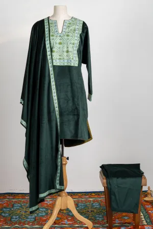 Deep Emerald Velvet suit Set - 3 Pcs with Aari Work Stole and Trouser