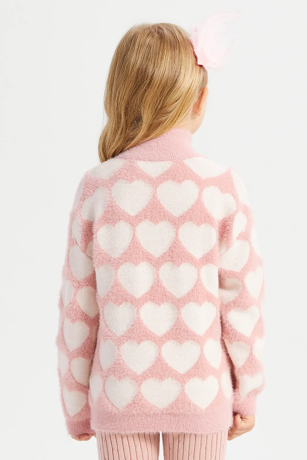 Girls Pink High Neck Heart Print Pullover