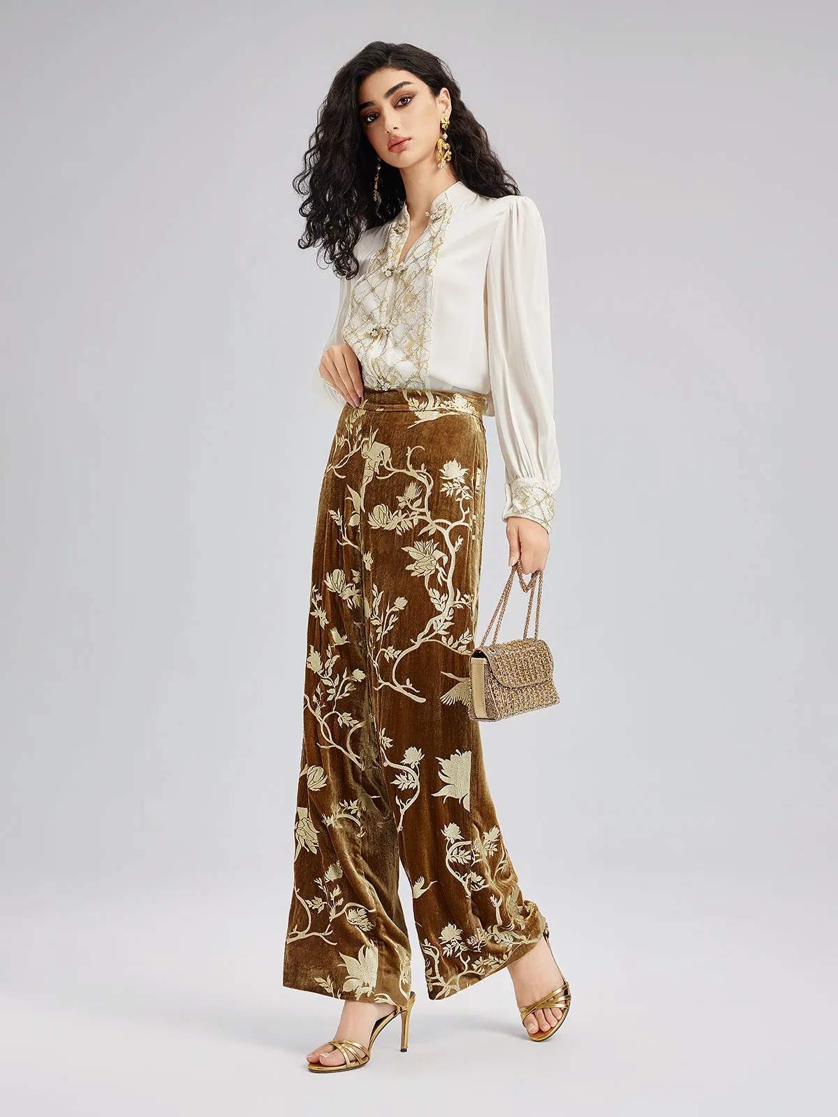 Gold Silk Foil Velvet Trousers (No Belt)