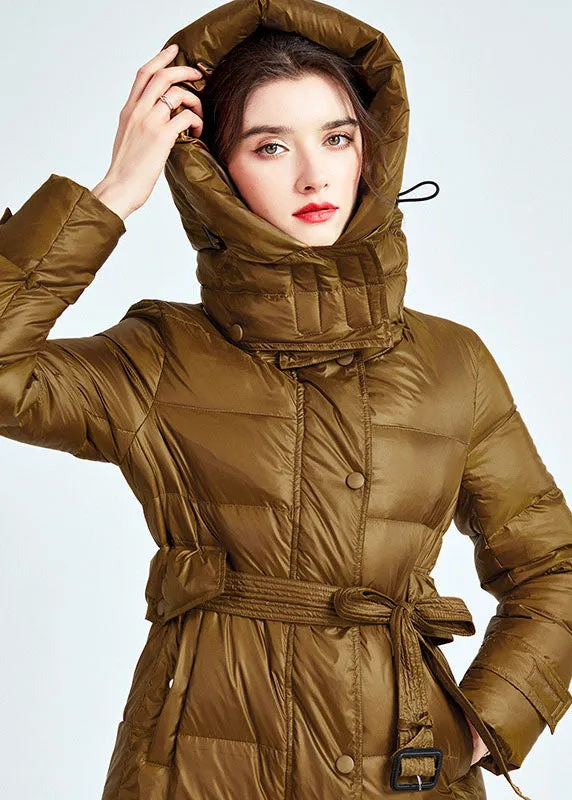 Golden Thick Duck Down Puffer Jacket Drawstring Sashes Winter