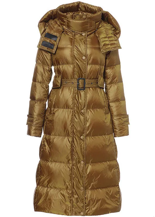 Golden Thick Duck Down Puffer Jacket Drawstring Sashes Winter