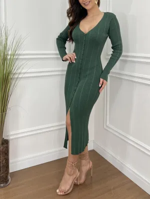 Knitted V-Neck Long-Sleeved Midi Dress