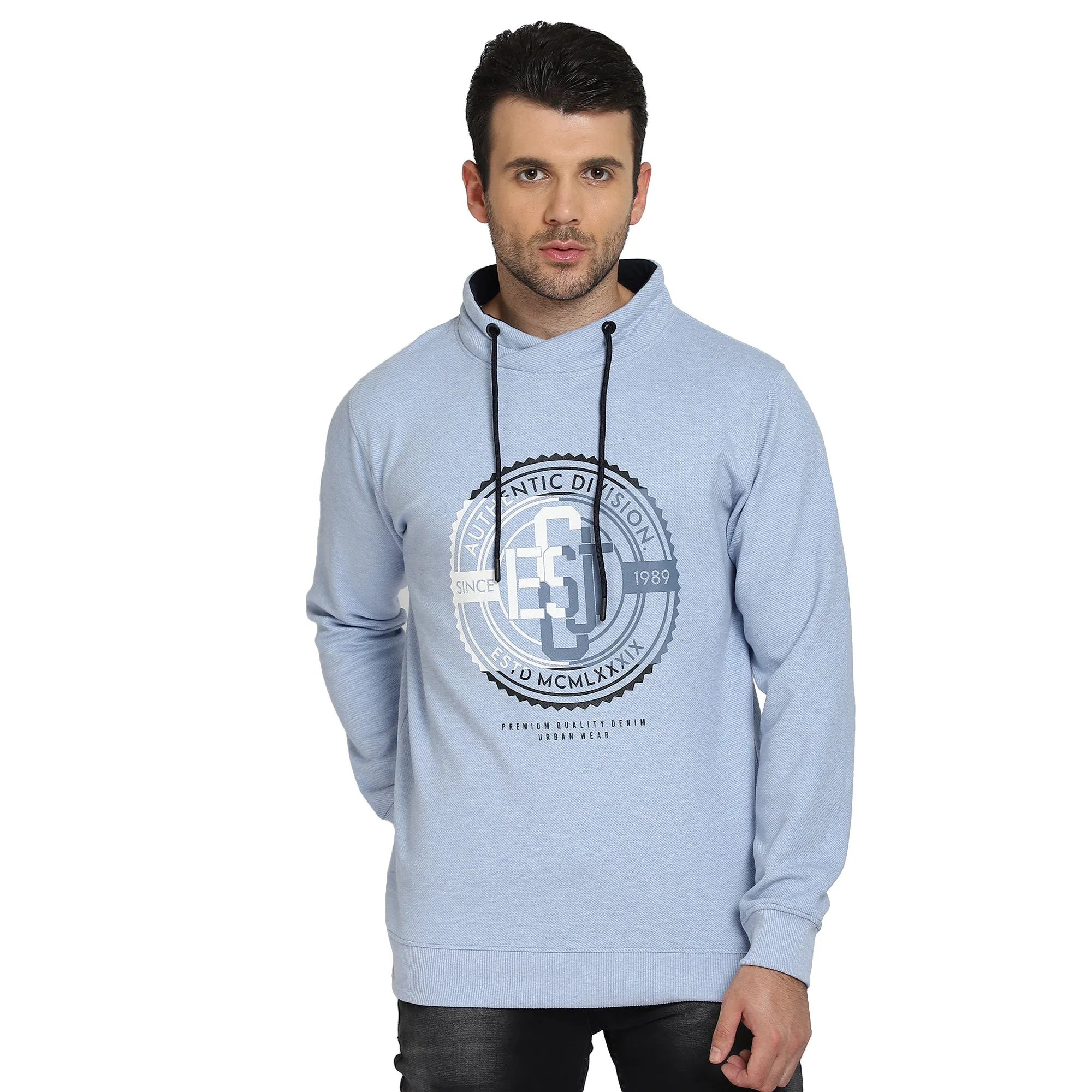 Men Round Neck Full Sleeves Sky Melange Casual Sweatshirt