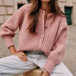 Mottled Pink Ribbed Round Neck Button Up Cardigan Sweater