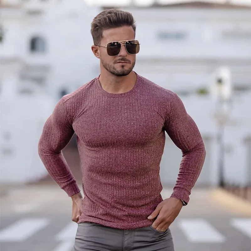 Muscleguys Autumn Fashion Thin Sweaters Men Long Sleeve Pullovers Man O-Neck Solid Slim Fit Sweaters Knitting Tops pull homme