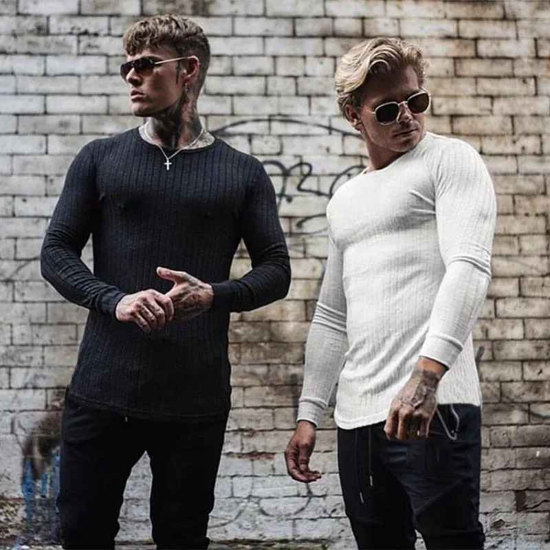 Muscleguys Autumn Fashion Thin Sweaters Men Long Sleeve Pullovers Man O-Neck Solid Slim Fit Sweaters Knitting Tops pull homme