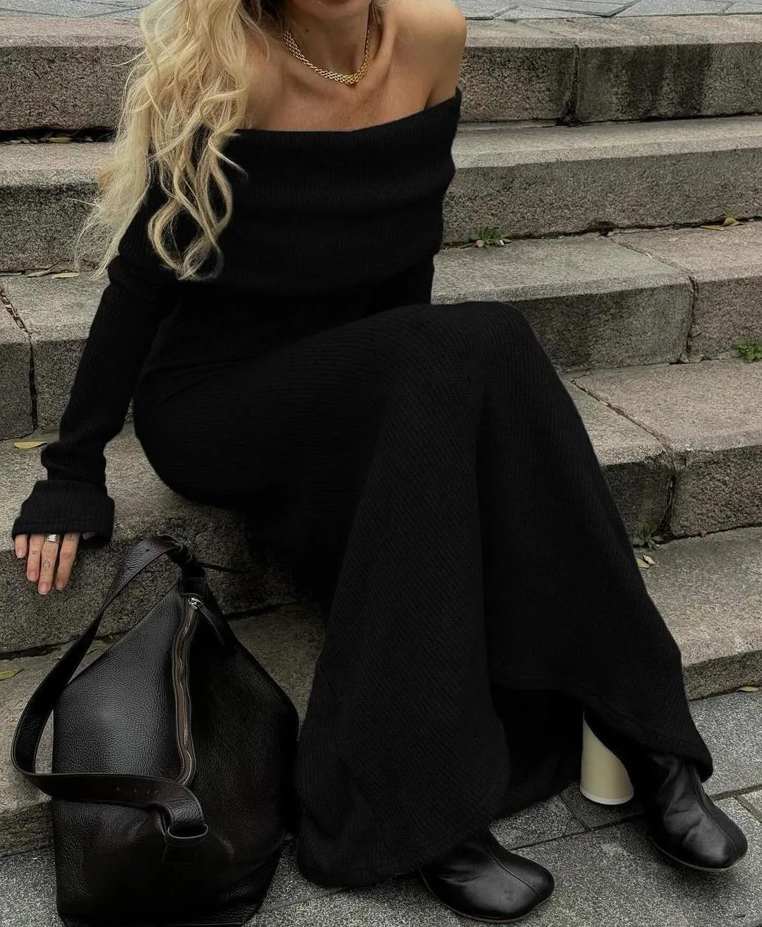 Off Shoulder Fit Knitted Maxi Dress