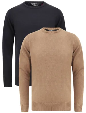 Otter (2 Pack) Soft Cashmillon Knitted V Neck Jumpers in Dark Navy / Taupe - Kensington Eastside