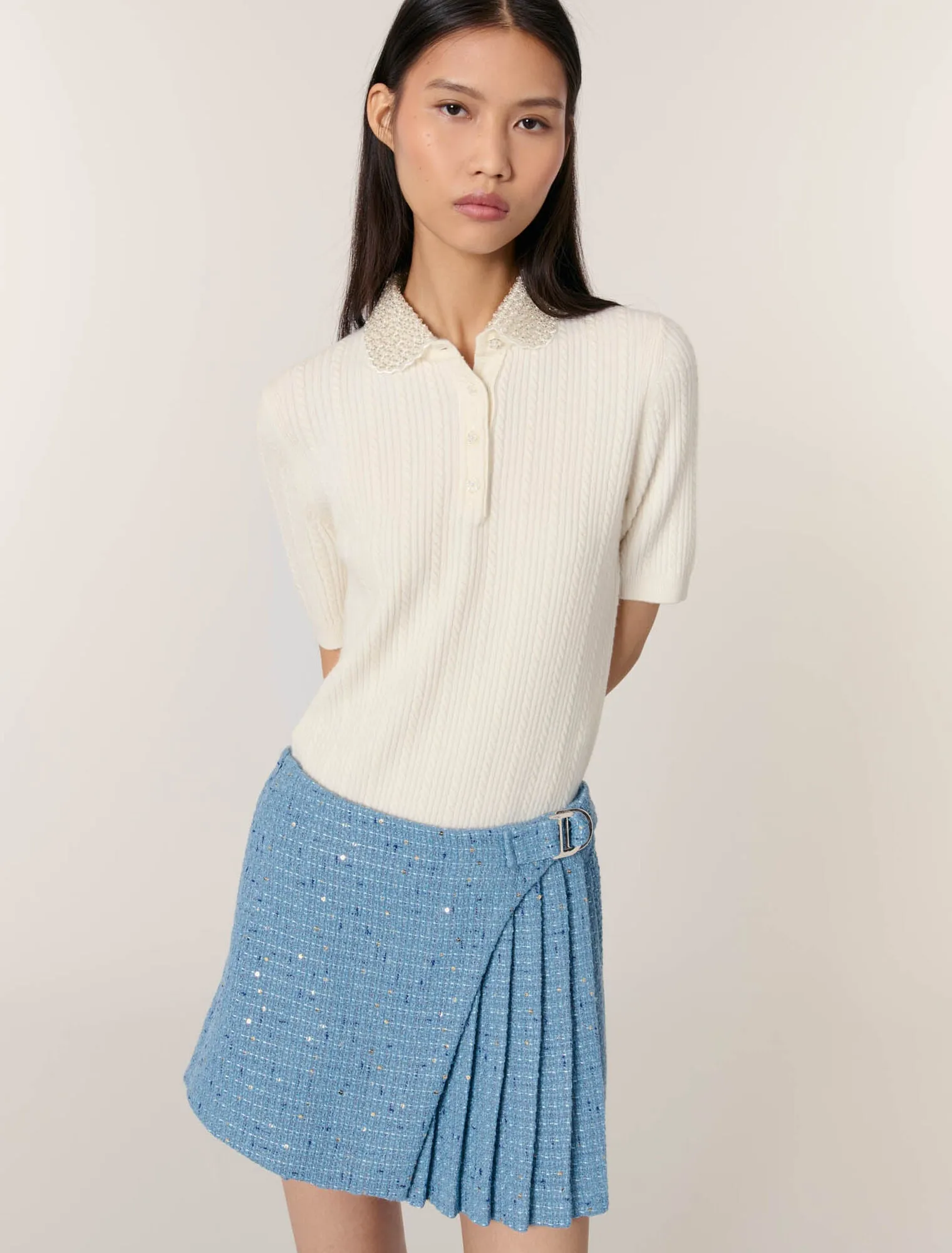 Pleated tweed skort