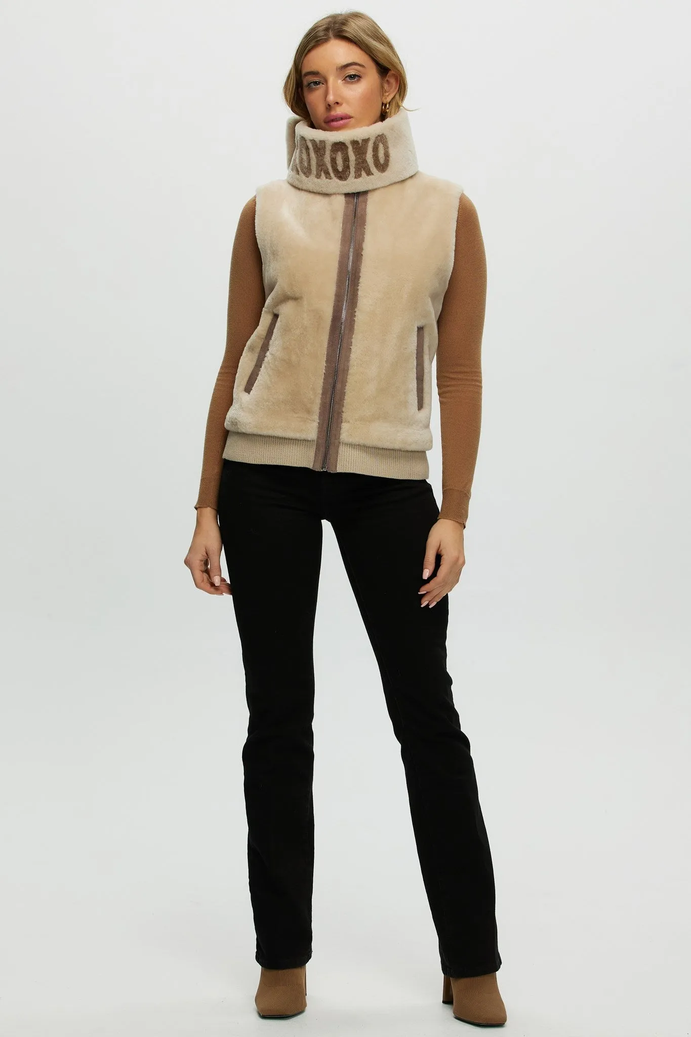 Shearling Lamb Zip Vest with Detachable Collar