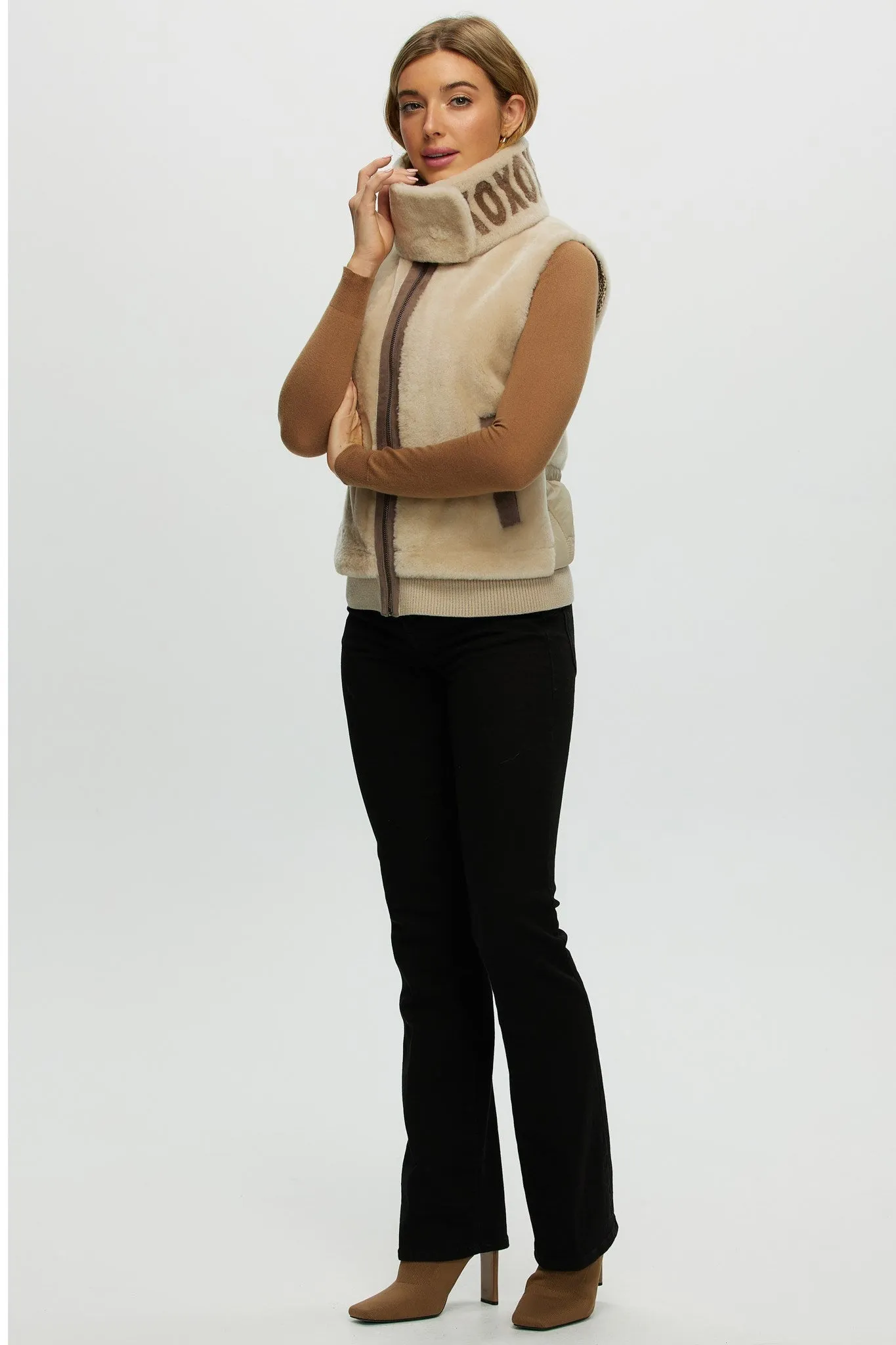 Shearling Lamb Zip Vest with Detachable Collar