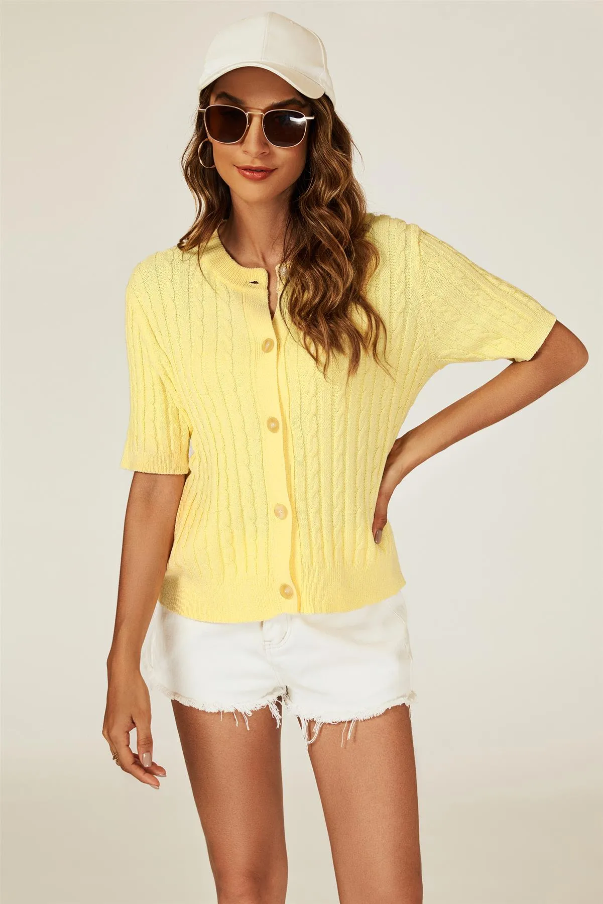 Short Sleeve Knitted Cardigan In Yellow