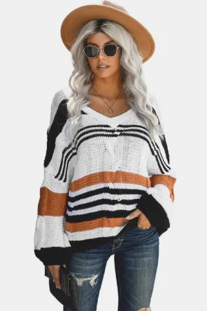 Striped Chunky Cable Knit V-Neck Sweater