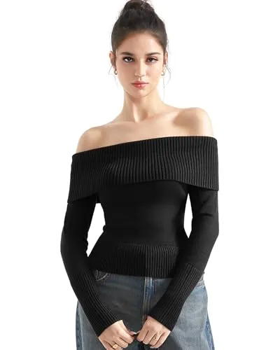 SUUKSESS Women Off Shoulder Sweater Long Sleeve Ribbed Knit Pullover Sweater Tops Going Out Fall Shirt (Sapphire, S)