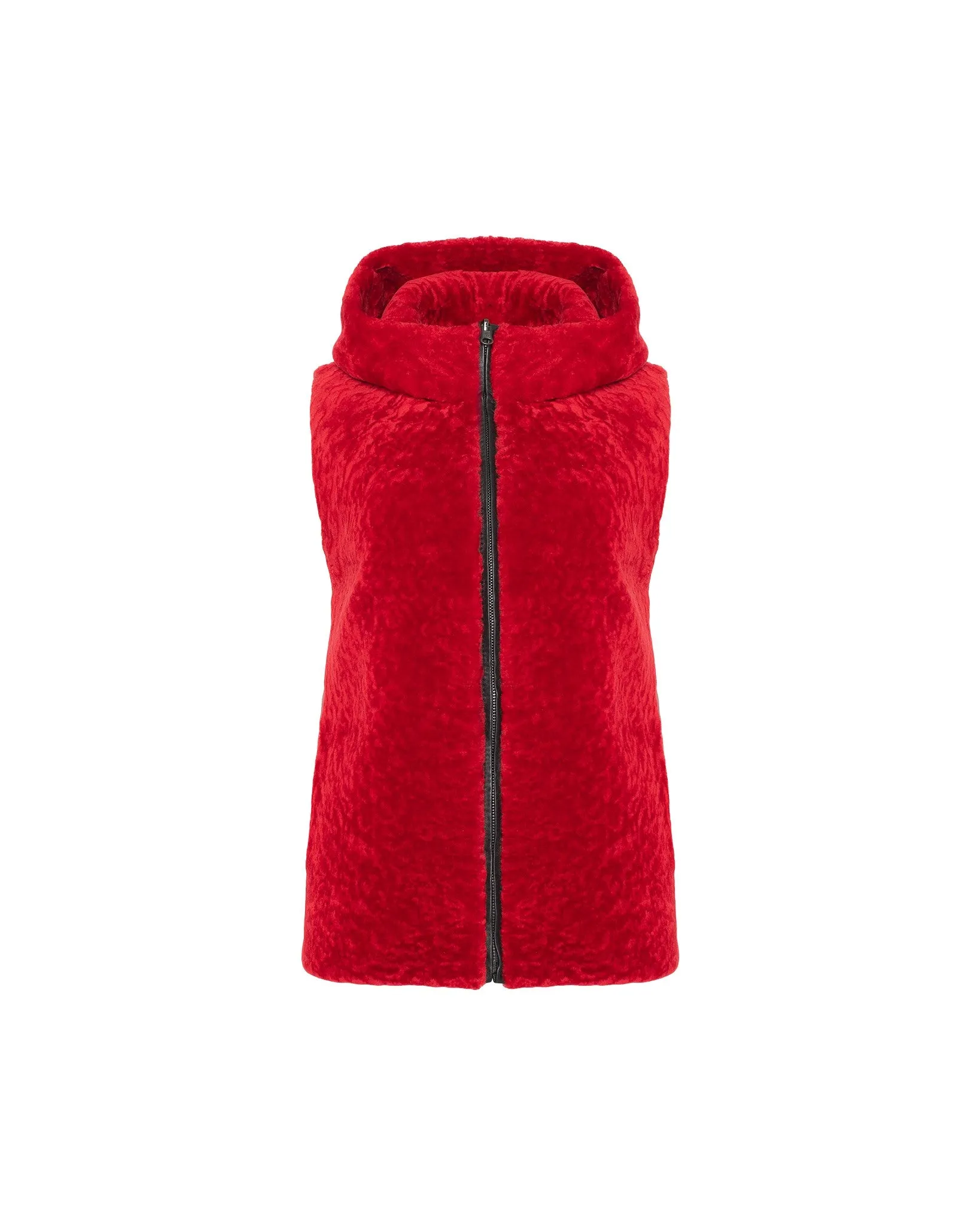 Textured Shearling Lamb Zip Vest Hooded Reversible To Taffeta