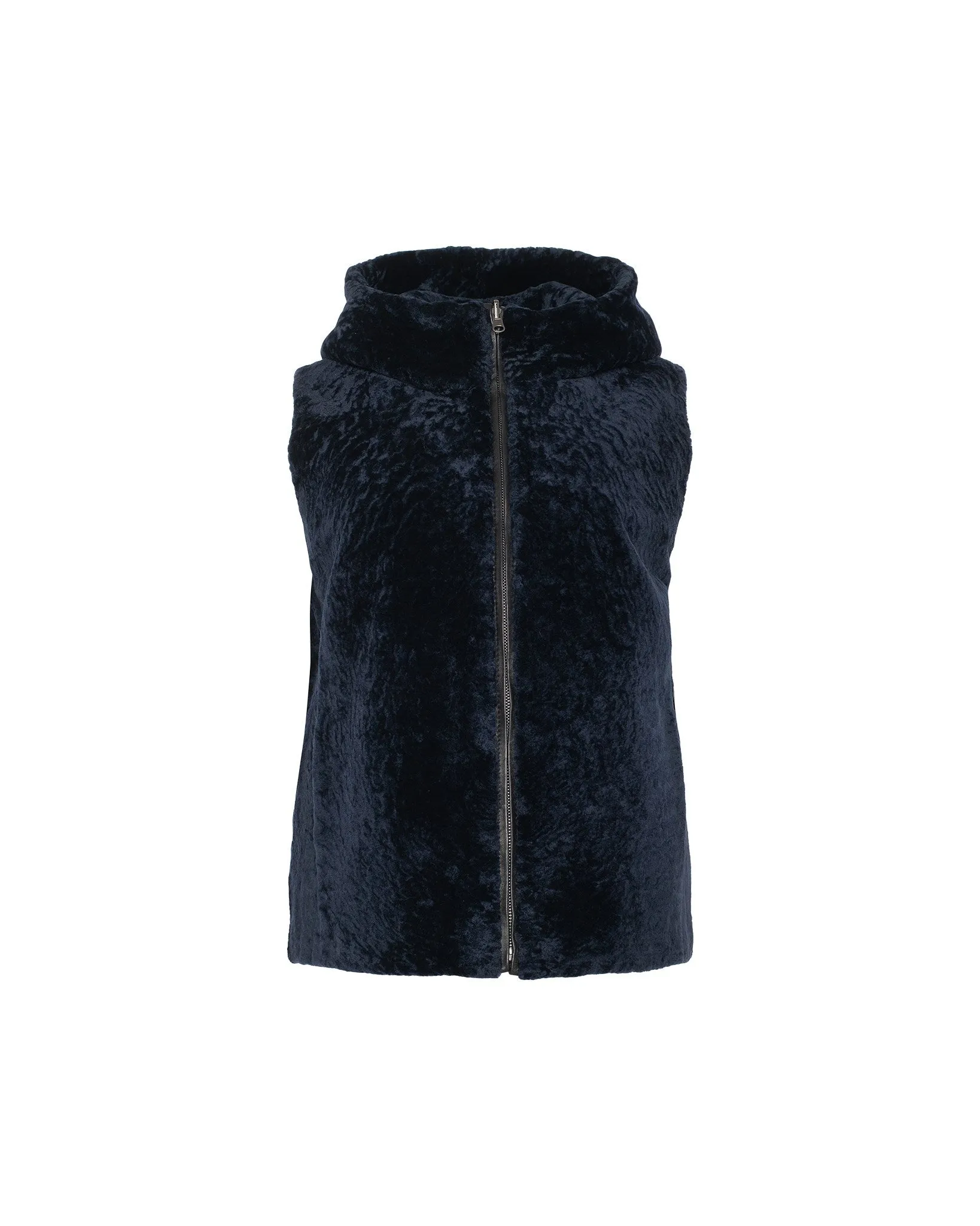 Textured Shearling Lamb Zip Vest Hooded Reversible To Taffeta