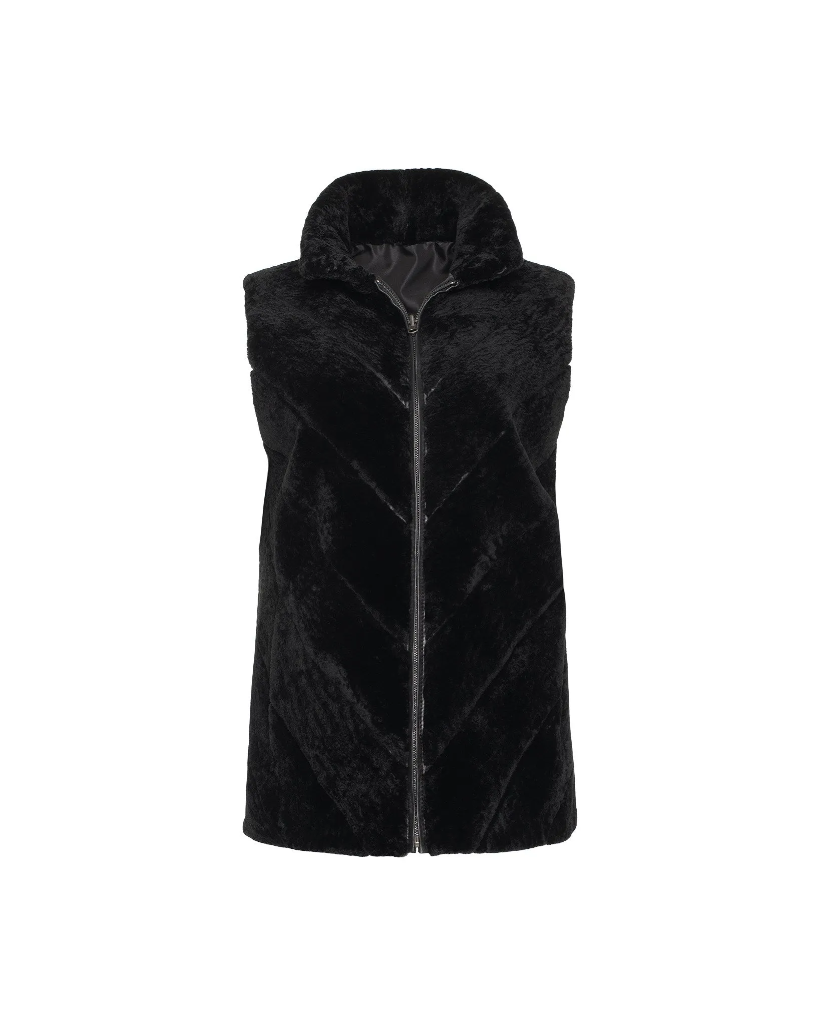 Textured Shearling Lamb Zip Vest Reversible To Taffeta