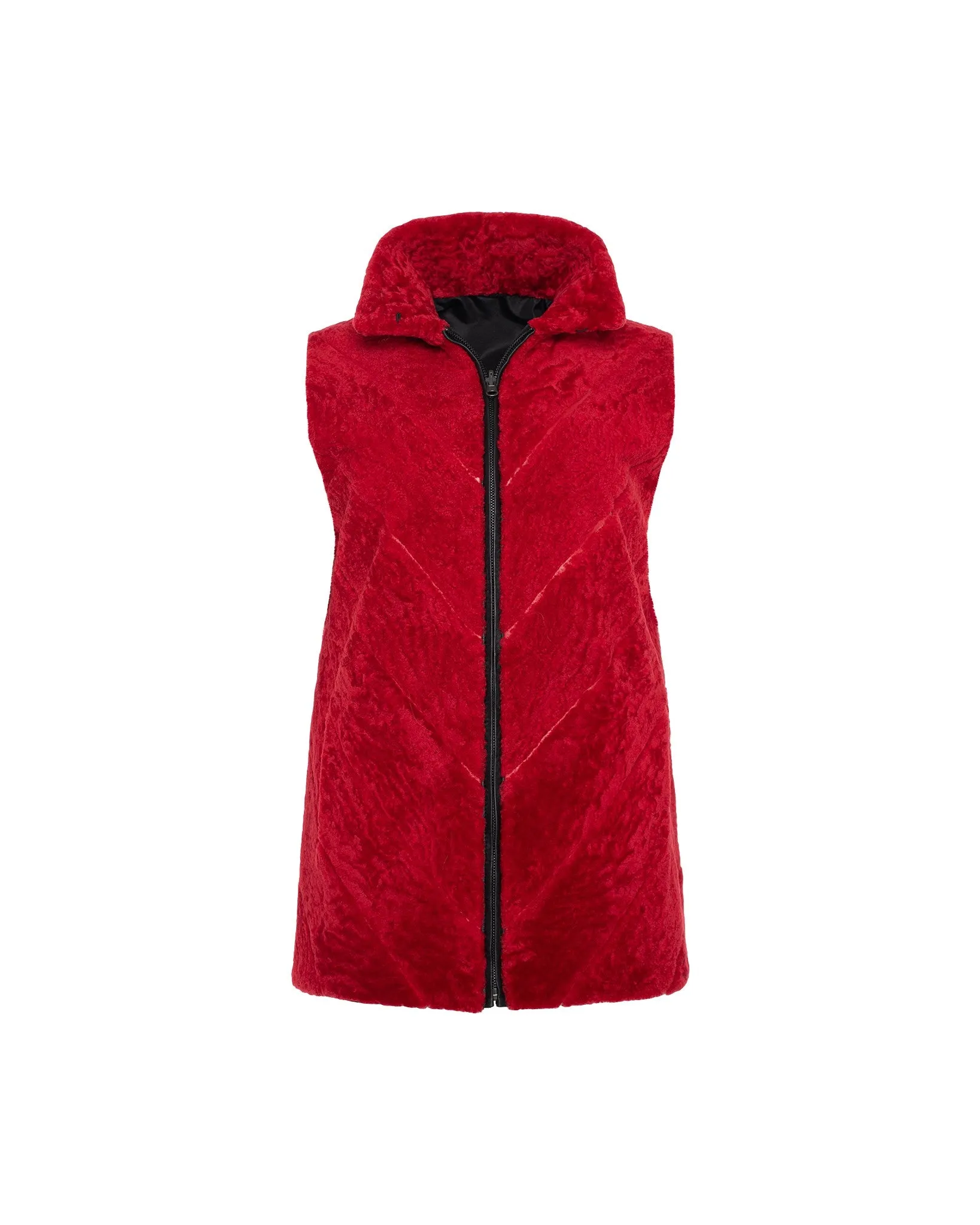 Textured Shearling Lamb Zip Vest Reversible To Taffeta