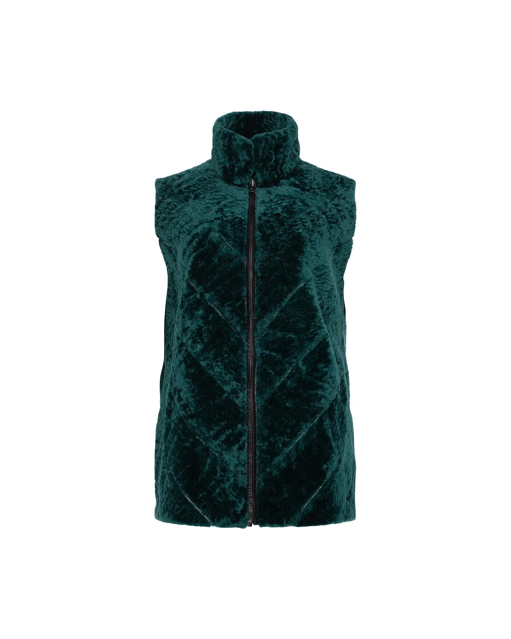 Textured Shearling Lamb Zip Vest Reversible To Taffeta