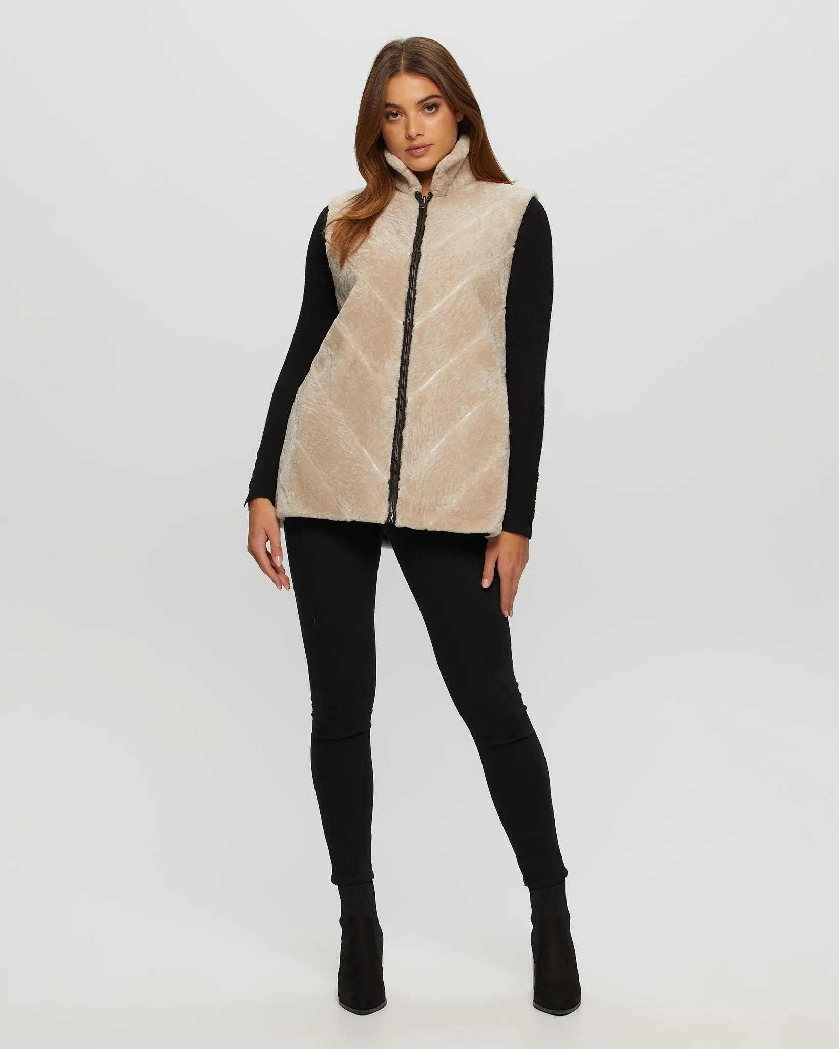 Textured Shearling Lamb Zip Vest Reversible To Taffeta