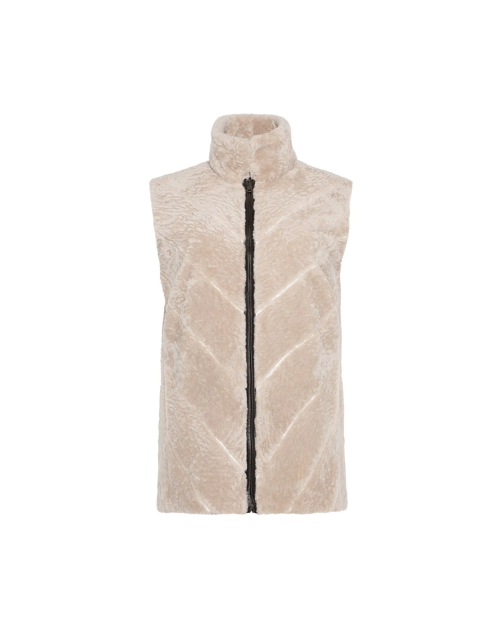 Textured Shearling Lamb Zip Vest Reversible To Taffeta