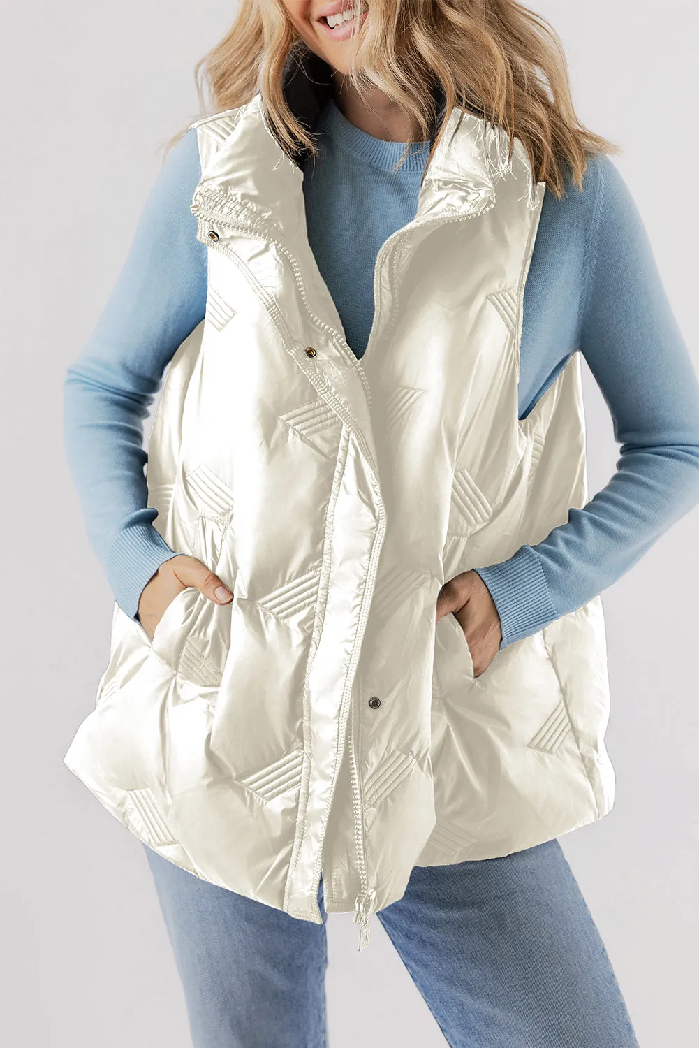 Trendy White Quilted Zip-Up Vest – Fall Layering