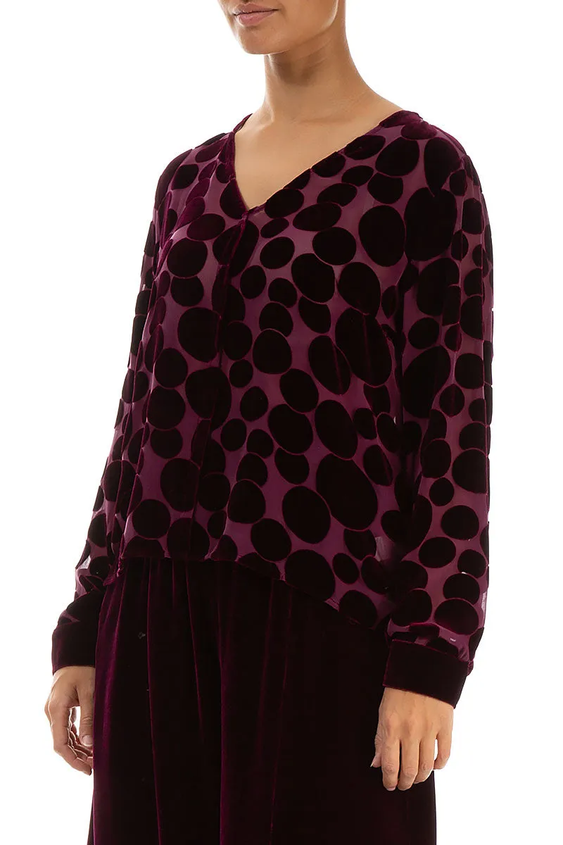 V-Neck Devoré Bubbles Magenta Silk Velvet Blouse