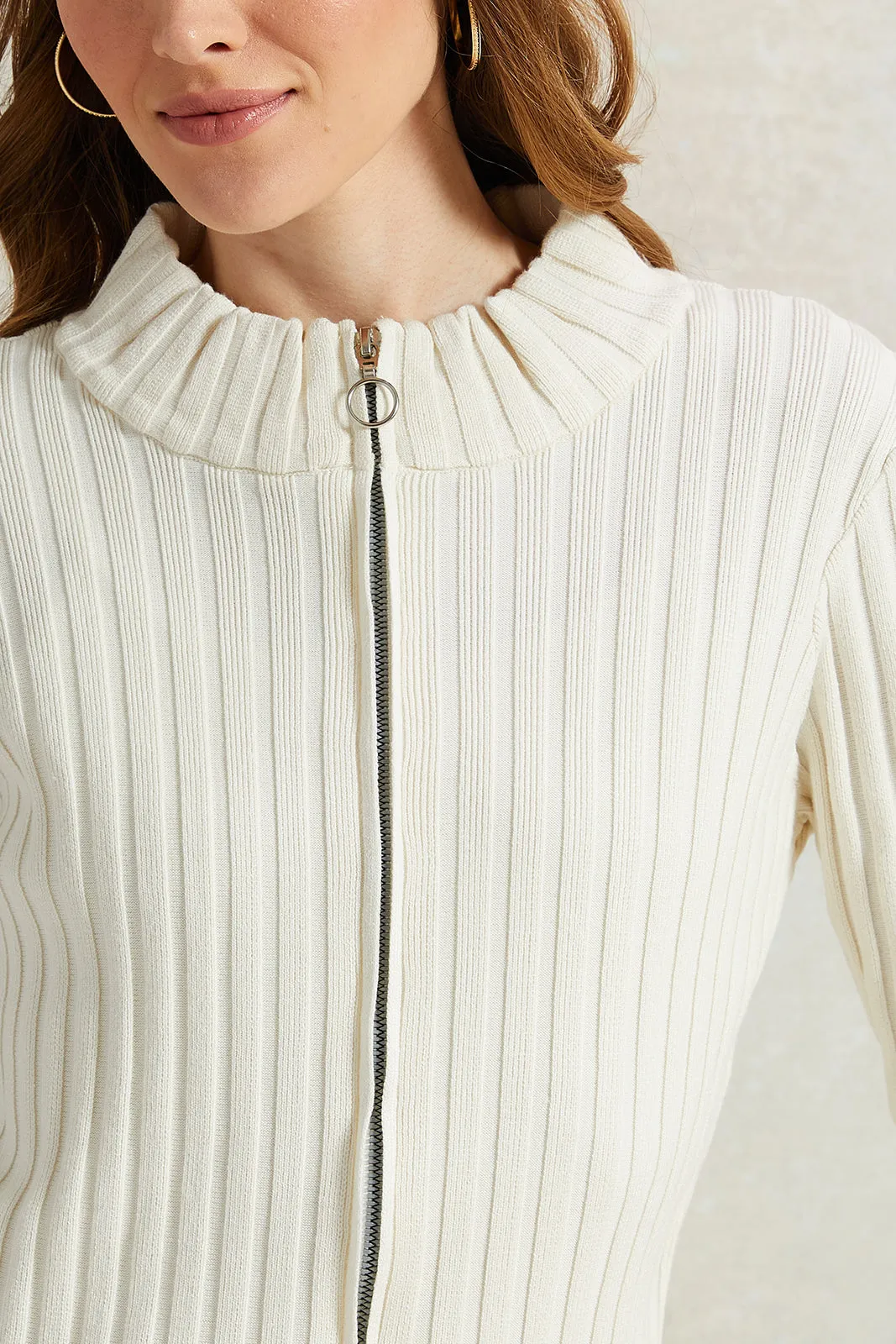 Women White Ribbed Pullover